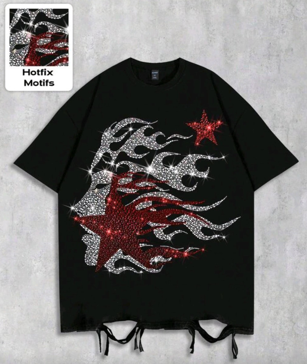 New Men Luxury Diamond Flame Rhinestone Black Fashion T-Shirt High Quality