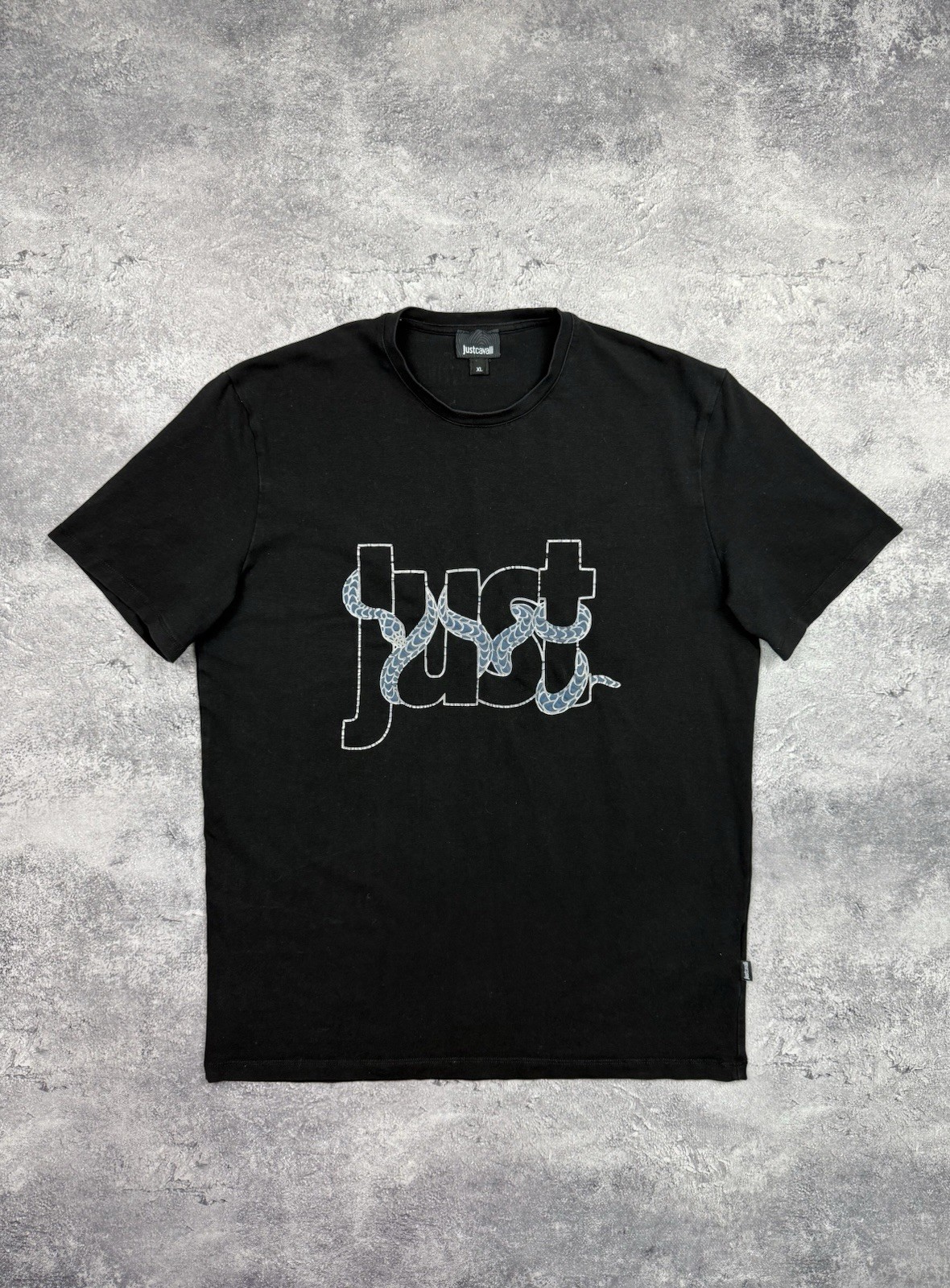 Just Cavalli Snake Big Logo Black T-Shirt Men’s Y2K Luxury Designer Size XL Hype