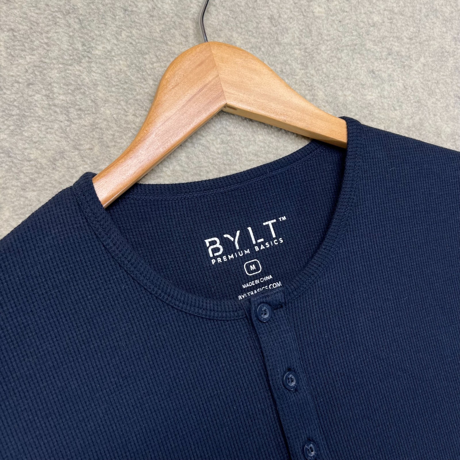 BYLT Mens Henley Shirt Tee Top Drop Cut Long Sleeve Navy Blue Outdoor Size M gallery