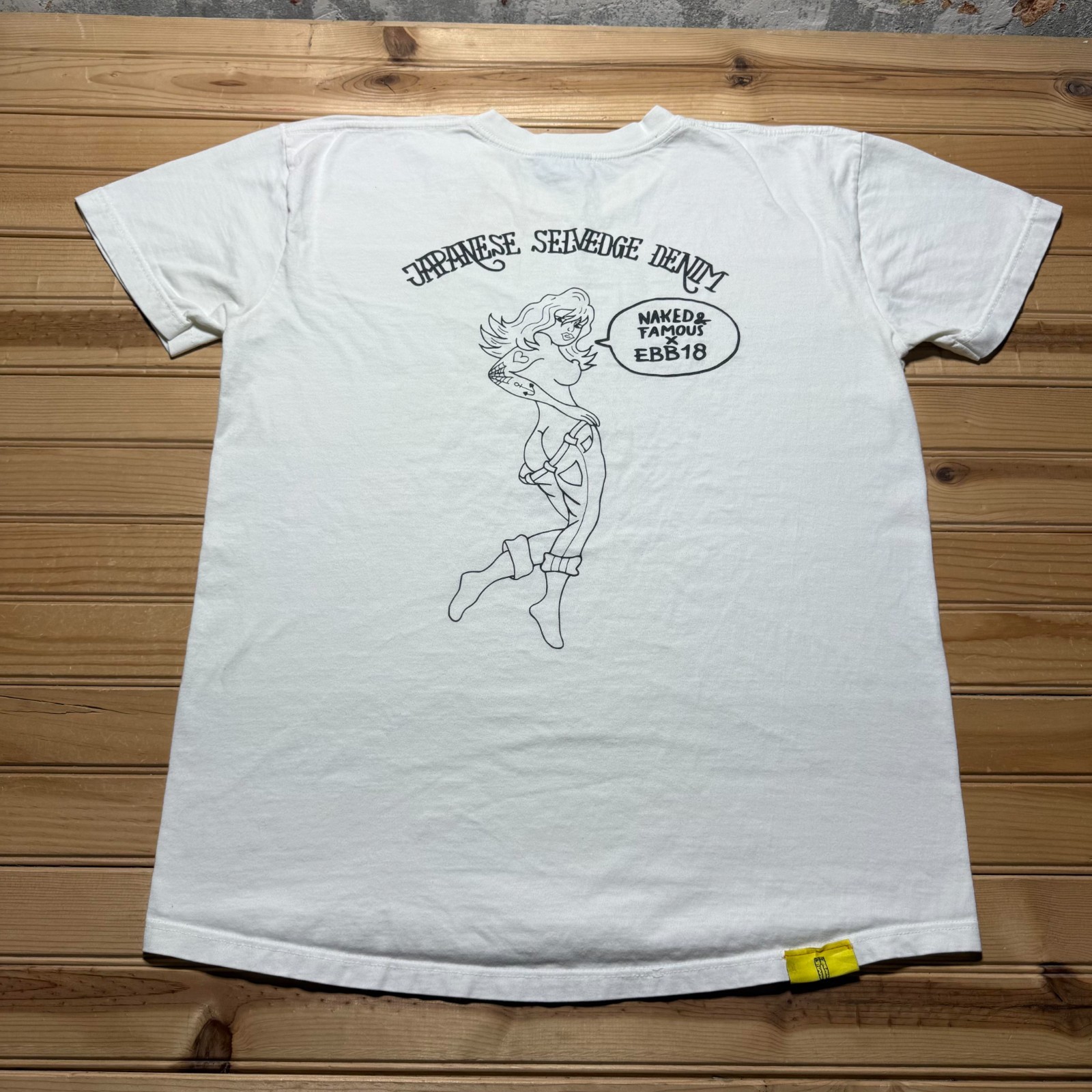 Y2K Naked & Famous Denim x EBB18 Japanese Selvedge Pinup Girl Graphic T-Shirt XL gallery
