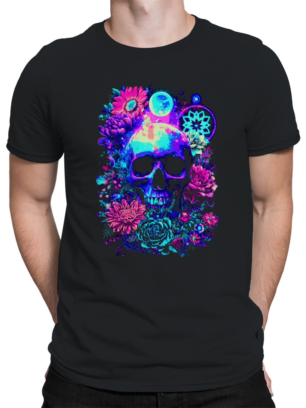 Cosmic Skull Neon Garden Art Men's T-shirt gallery