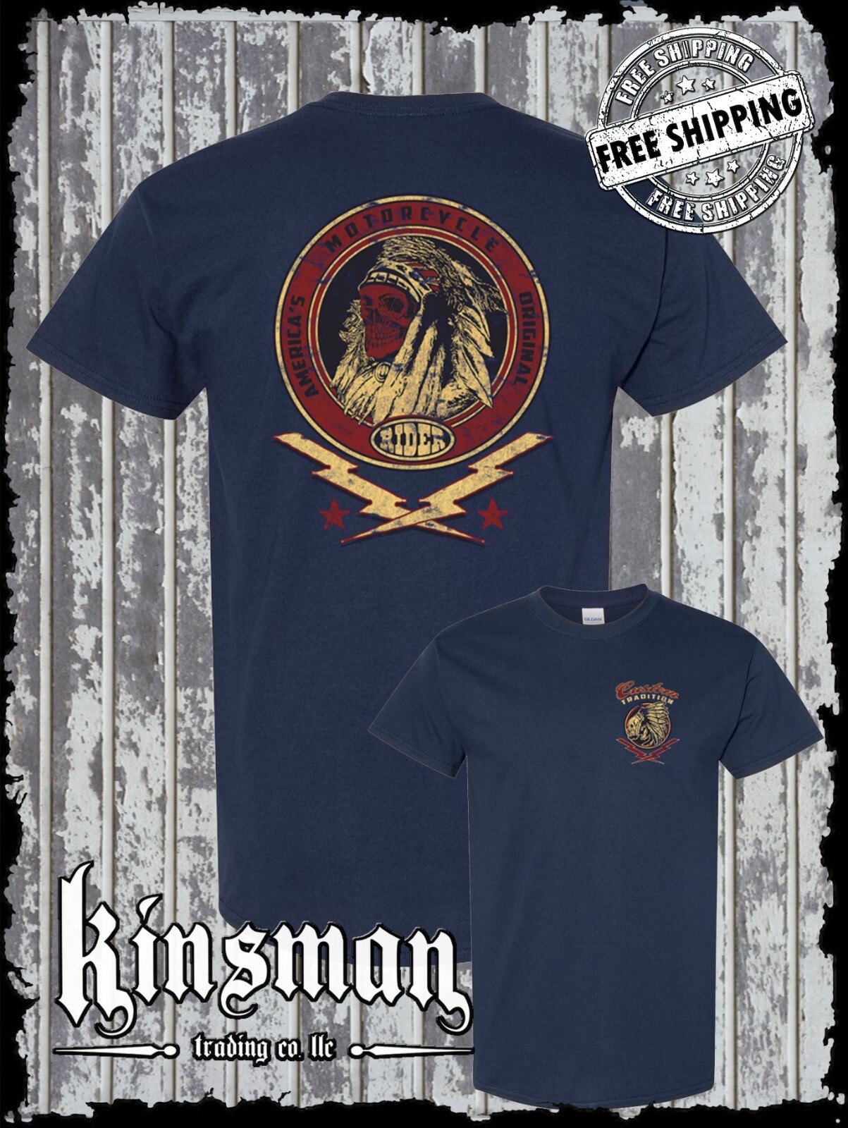 Custom Tradition Motorcycle Biker 2-Sided T-Shirt / Indian Skull War Bonnet gallery