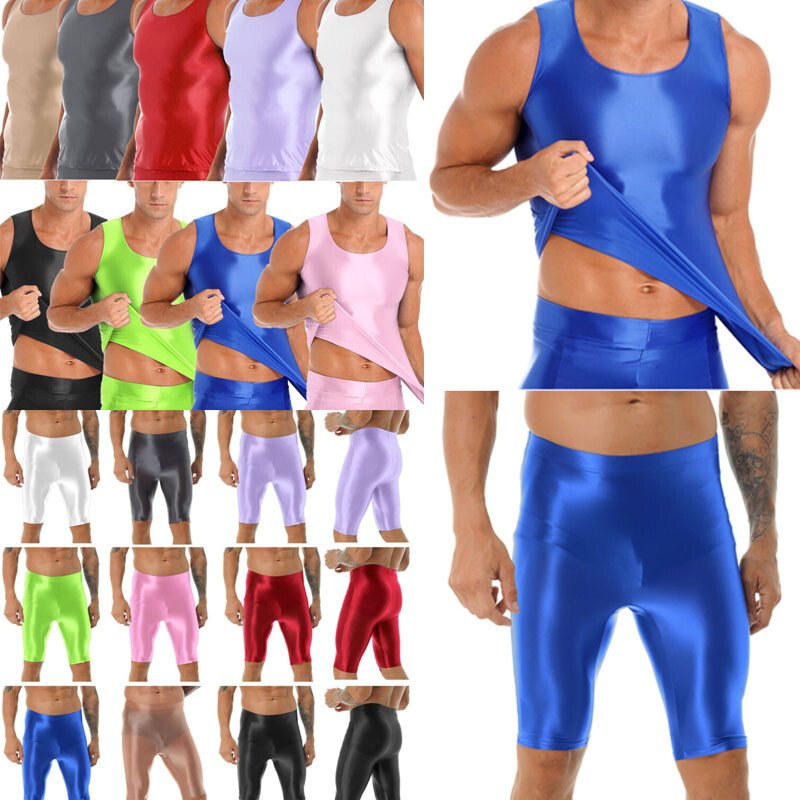 Mens Oily Glossy Tank Top High Waist Shorts Sets Shiny Sports Tights Swimwear
