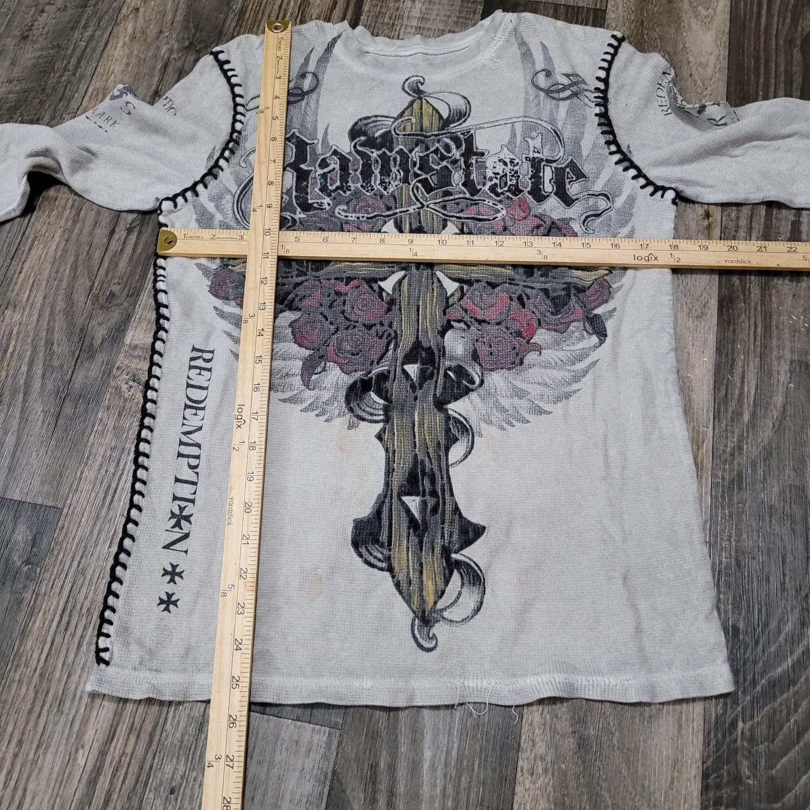 Raw State Redemption Thermal T Shirt Mens Small Wings Cross Rose Grunge gallery