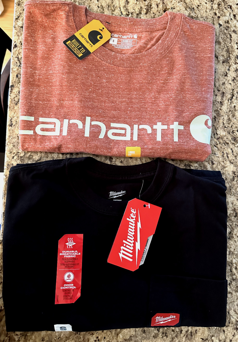 Lot (2) Carhartt & MILWAUKEE Tools Crew Neck T Shirt Heavy Duty S/S POCKET Small gallery