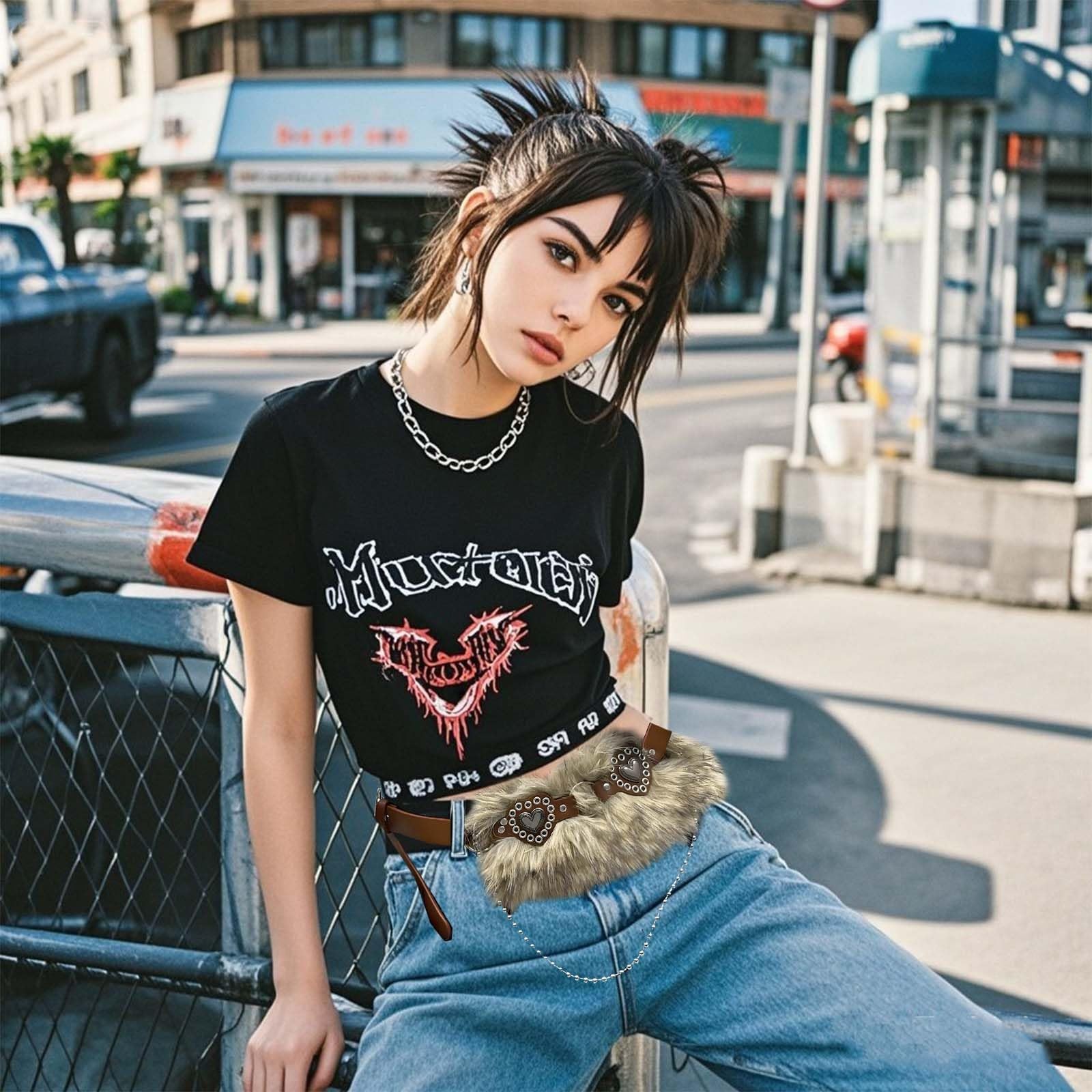 Faux Fur Belts with Heart, Western Punk Grunge Style, Adjustable PU Leather W... gallery