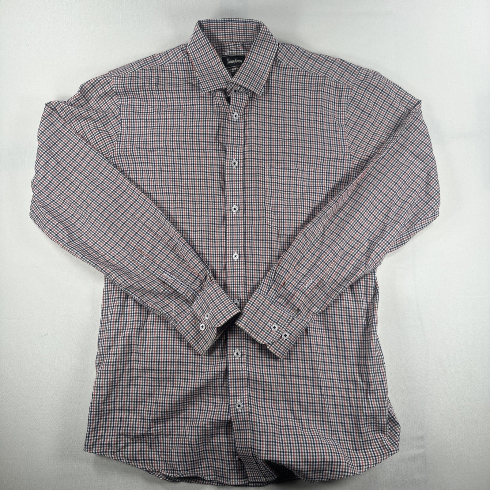 Neiman Marcus Plaid Men's Button Down Dress Shirt Medium M Trim Fit gallery