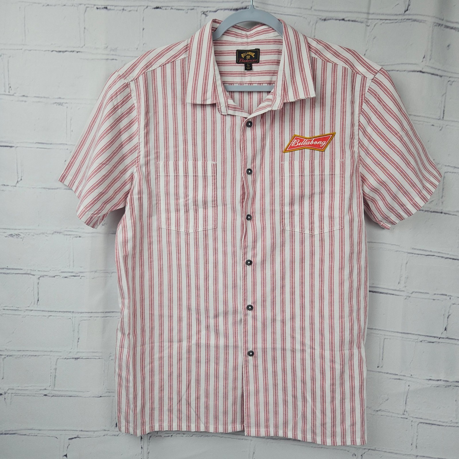 Billabong Budweiser Shirt Mens L Red White Stripe Casual Short Sleeve Beer USA gallery