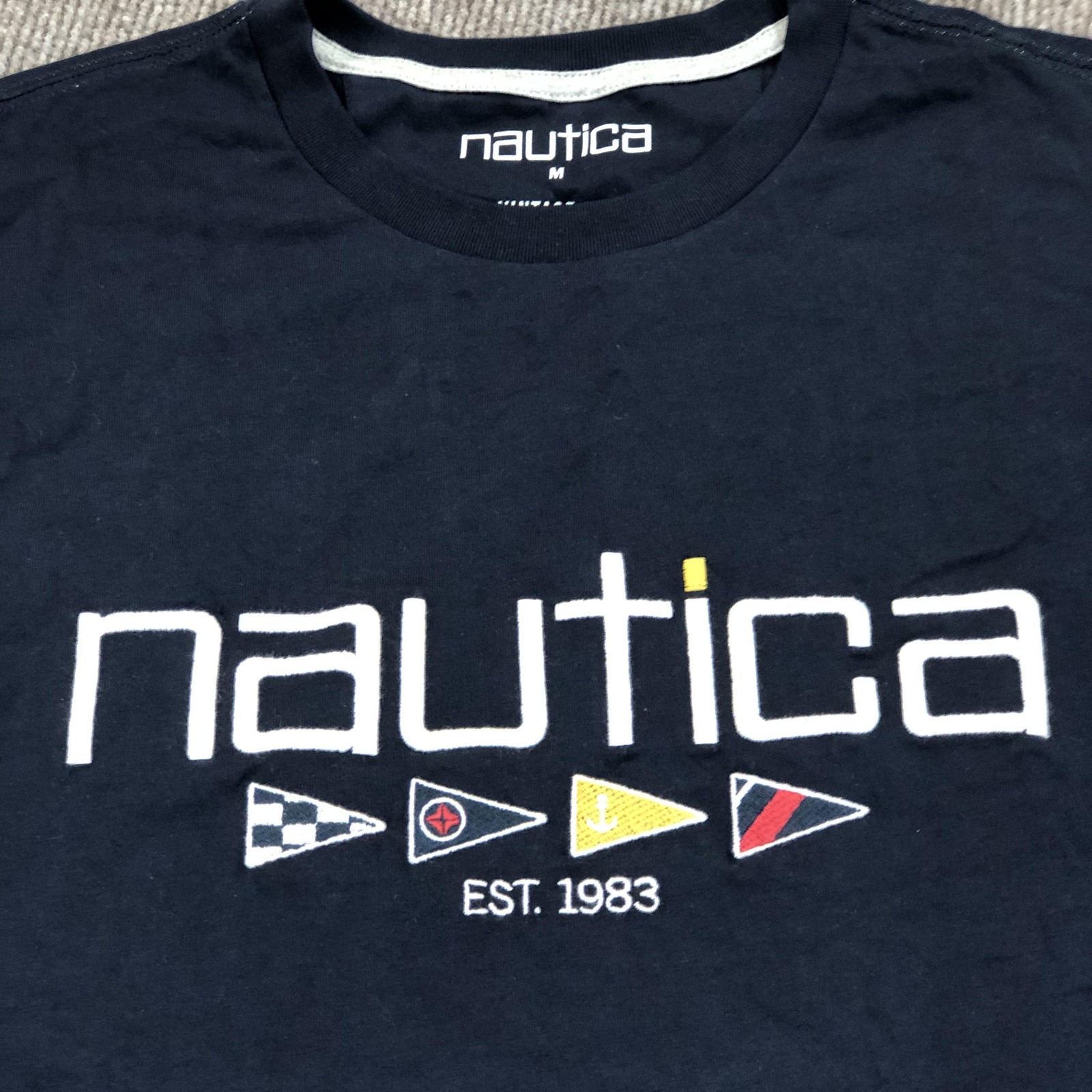 Nautica Shirt Mens Medium Navy Big Logo Flags Graphic Tee Tagless Nautical gallery