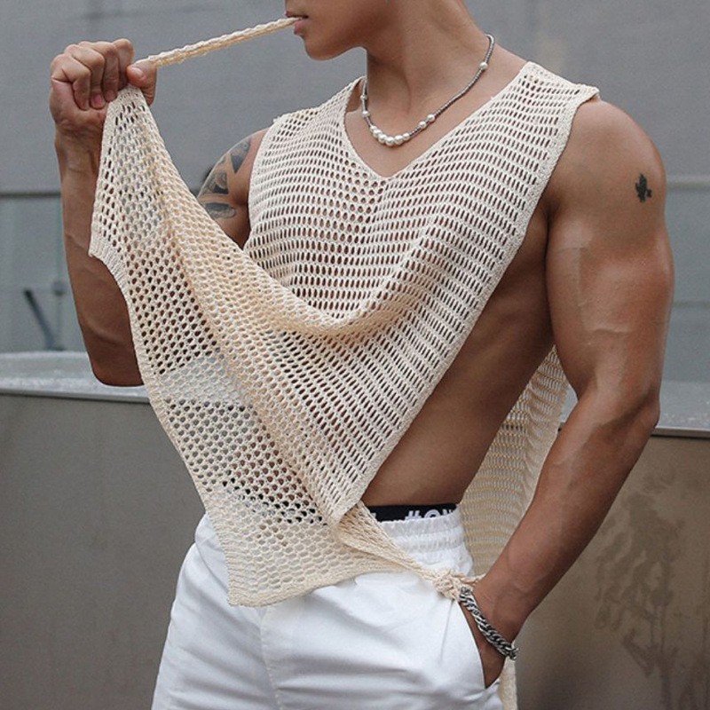 Men Sexy Hollow Out Tank Tops Openwork Side Lace Up Vest Casual Baggy Vest Basic gallery