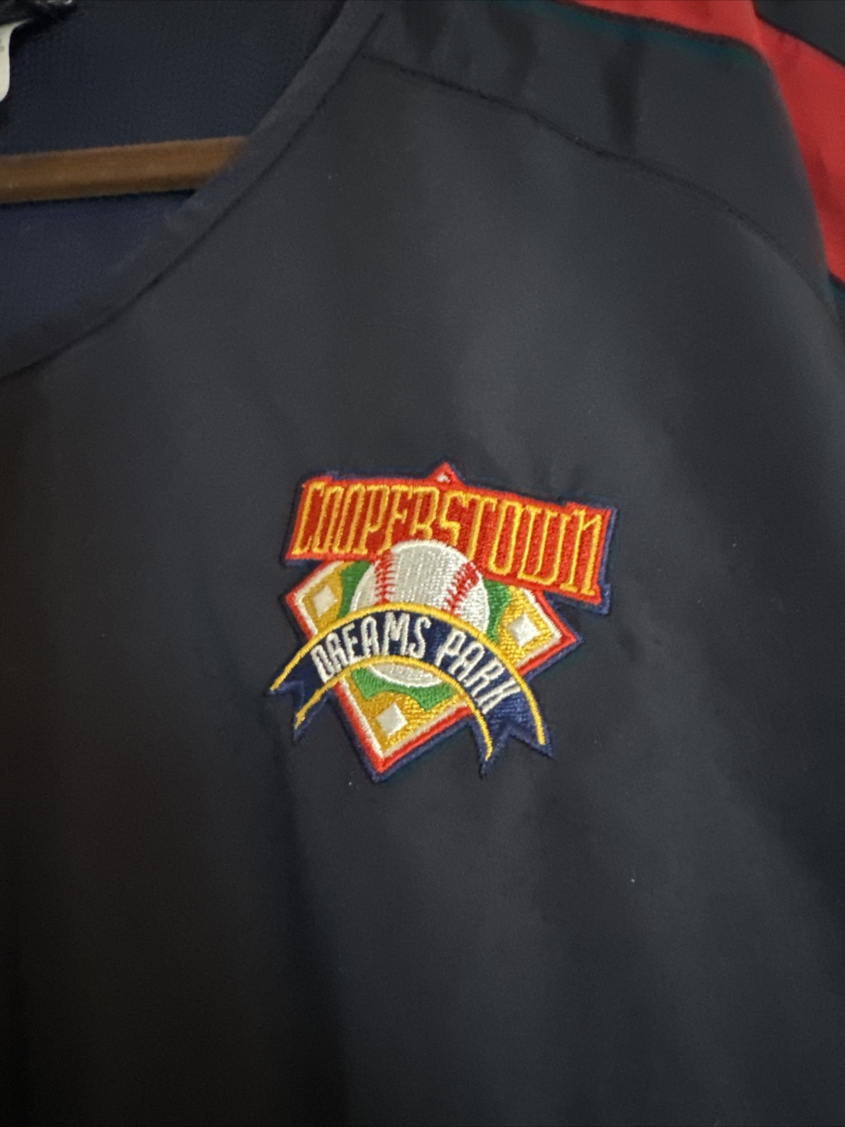 Cooperstown Dreams Park Authentic Mens Blue/Red Logo Nylon Zip Hem Shirt Sz XL gallery