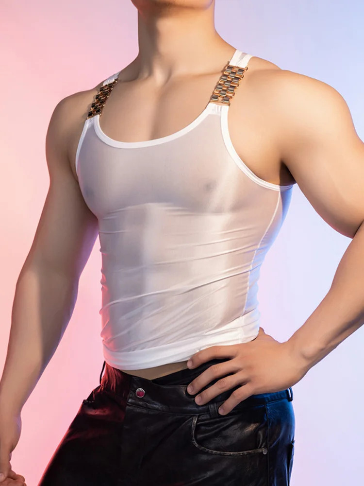 Sexy T-shirts Oil Glossy Shiny Stretch Shiny Sheer See Through Vest Tank Tops
