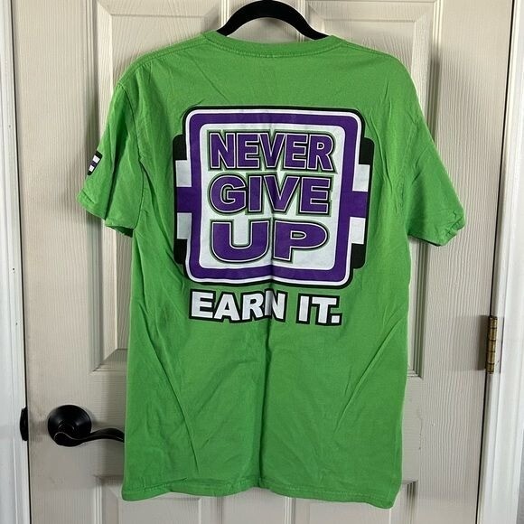 WWE Wrestling Authentic Respect Lime Green Never Give Up Graphic T-Shirt Sz Med gallery