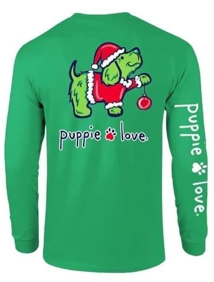 Puppie Love Christmas with Santa Hat and Christmas Ball, Long Sleeve, Green