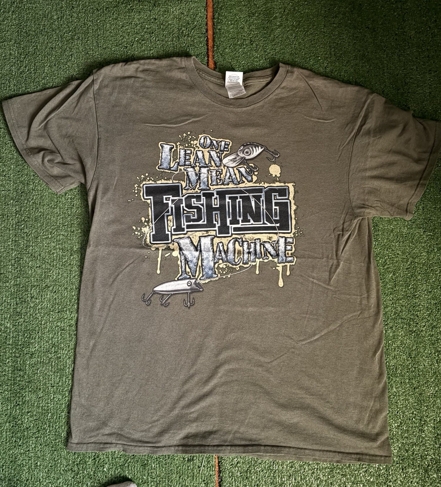 Vintage Funny Fishing T shirt Size L One Lean Fishing Machine Graphic Green gallery