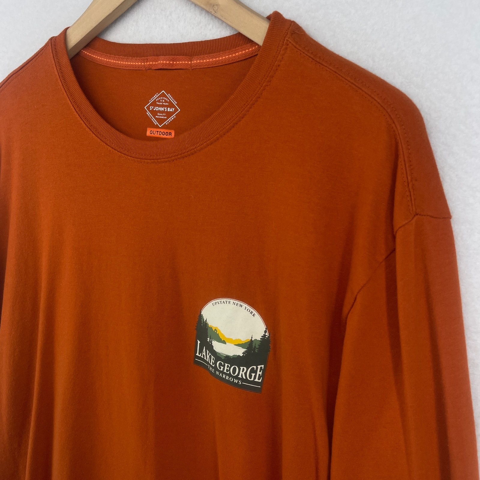ST JOHNS BAY Shirt Mens L Lake George The Narrows NY Glen Island Outdoor Orange gallery