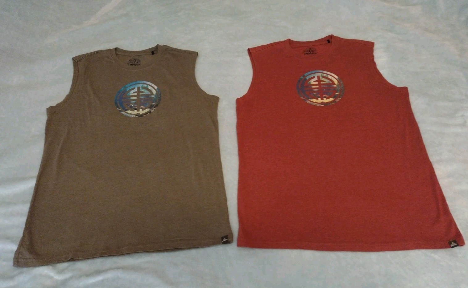 Lot Of 2 prAna Organic Cotton Graphic Muscle Shirts Gray Brick Red Mens Sz Large