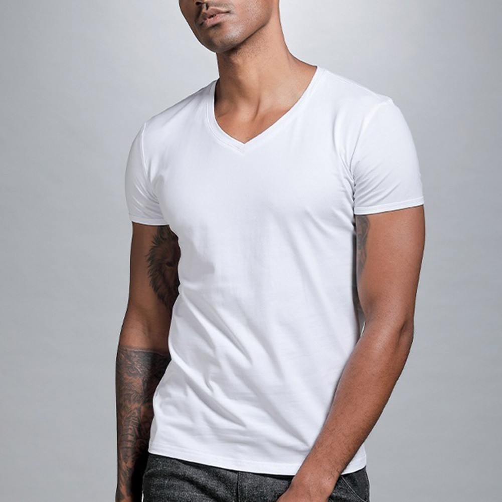 Men Solid Color V Neck Tight Fit T Shirt Short Sleeve Polyester Base Layer Top gallery