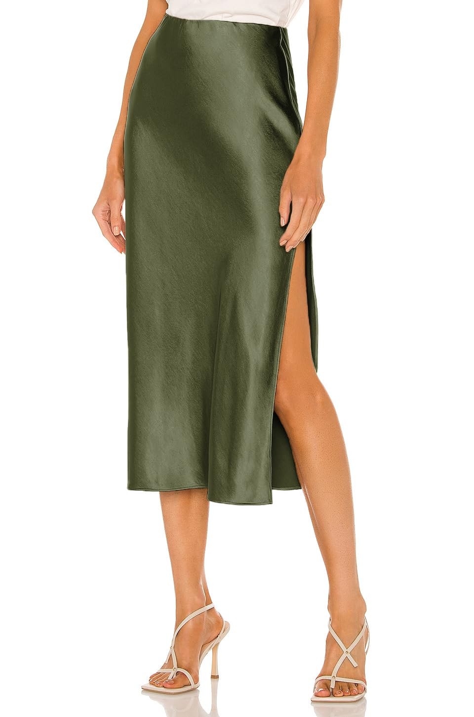 Womens Satin Silk High Waist Slit Midi Skirt Elastic Waistband Leopard Print …