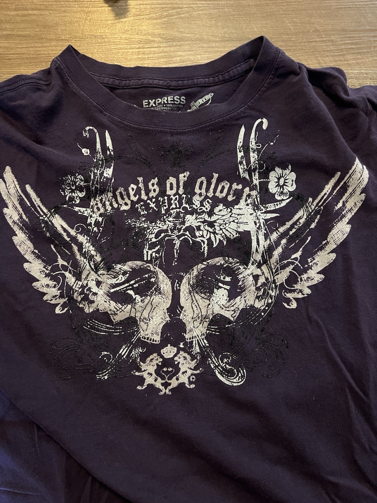 Express Angels of Glory Skull Graphic Purple Crewneck T-Shirt S Cotton gallery