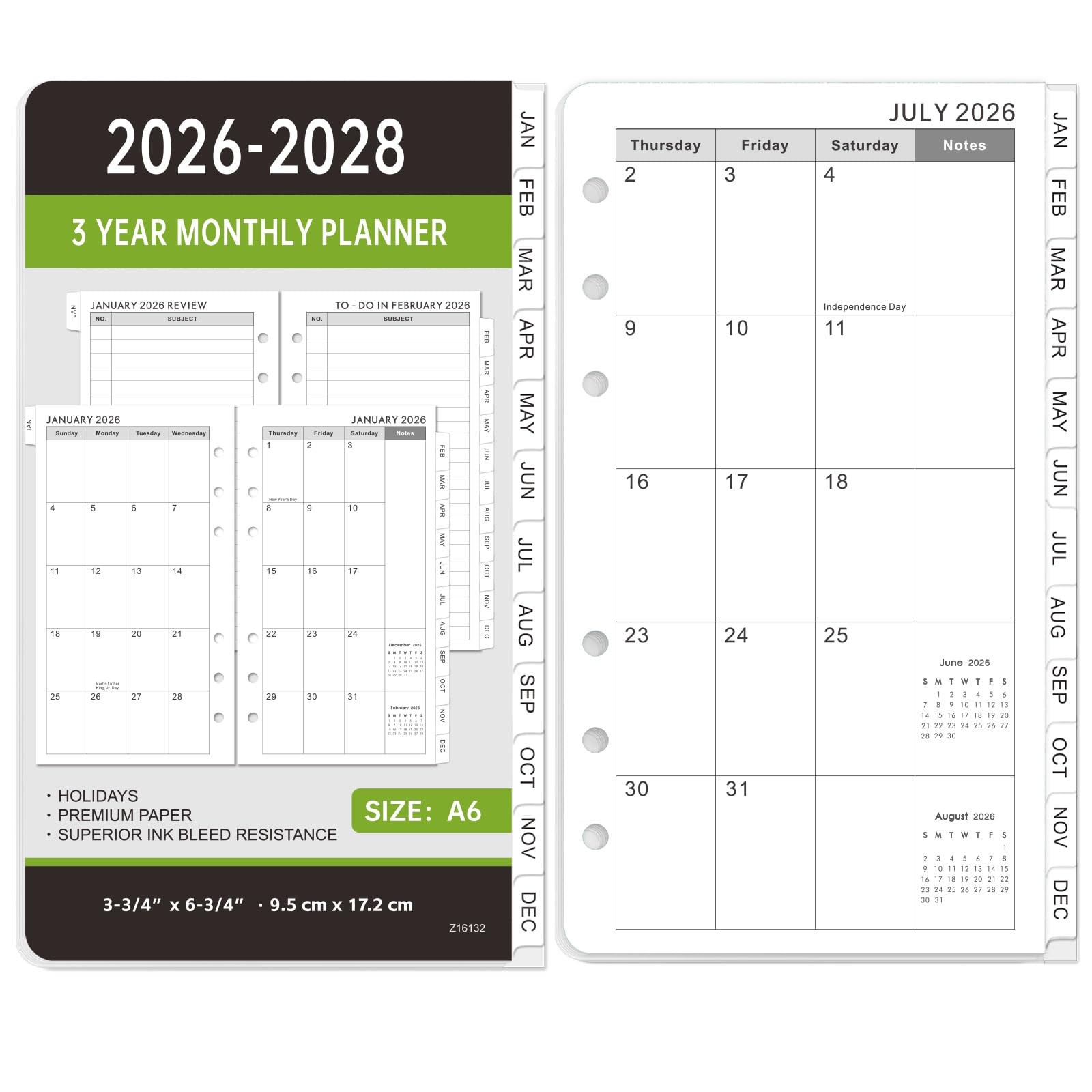 2026-2028 Monthly Planner Refill – A6 Size, Inserts with A6, black