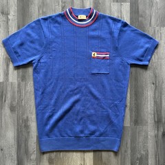 Gabicci Knit T Shirt Medium Blue Ringer High Round Neck Short Sleeve Pocket Tee