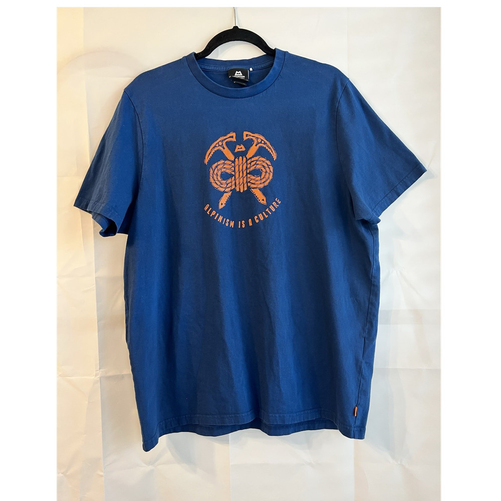 Mountain Equipment Alpinism Tee Organic Cotton Blue Graphic Logo XL Short Sleeve