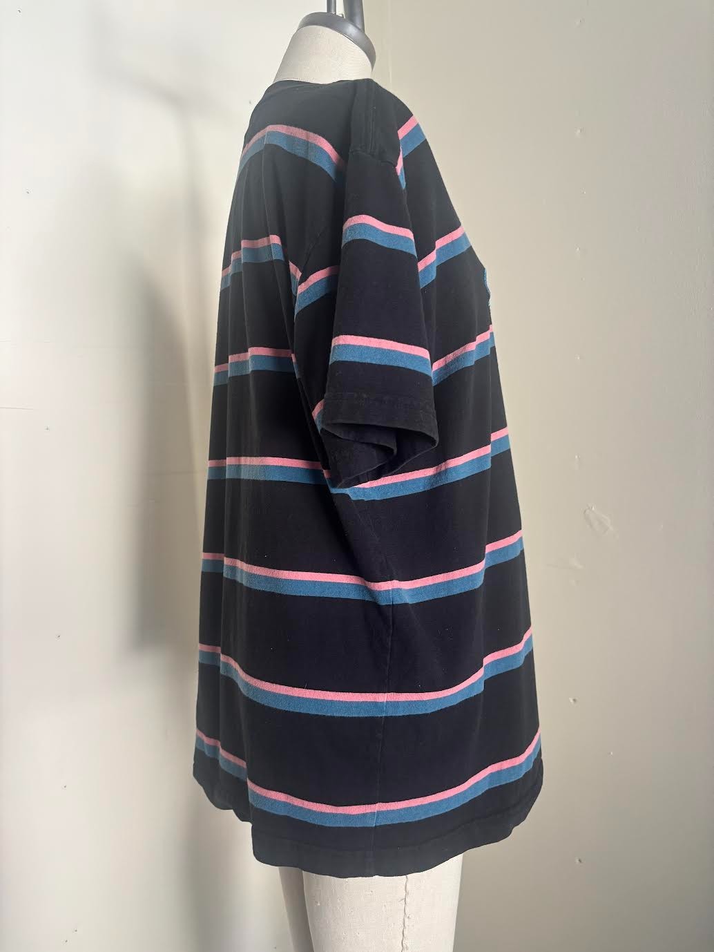 Obey Worldwide Mens Large Black Pink Blue Striped Emb Logo T Shirt Streetwear gallery