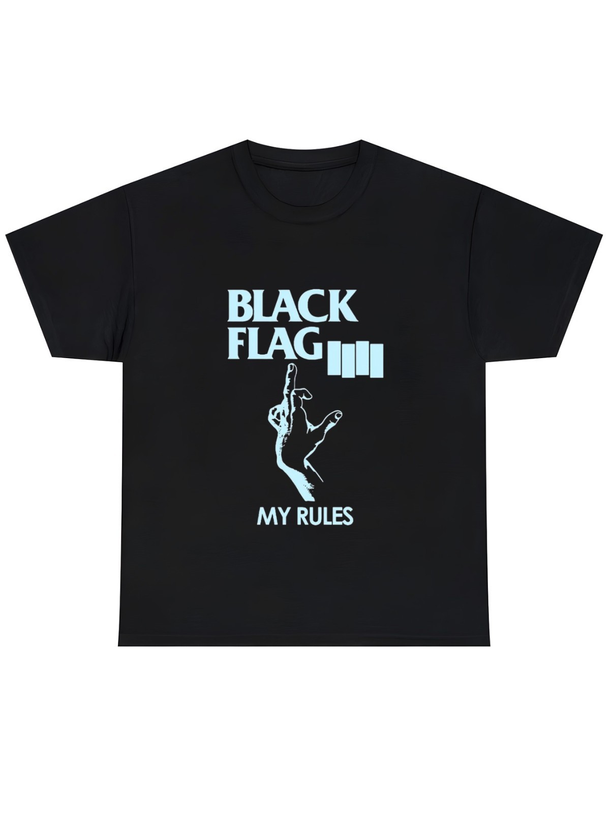 Black Flag My Rules Graphic Print Black T Shirt Punk Rock Style Casual Crew Neck