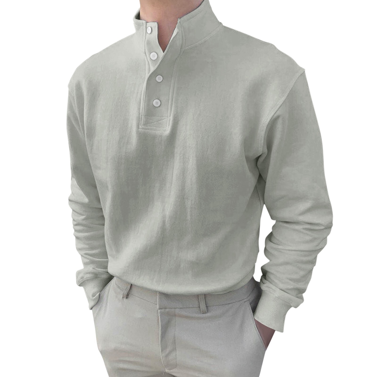 Men Button High Neck Stand Collar Solid Blouse Long Sleeve Top Cotton Shirt gallery