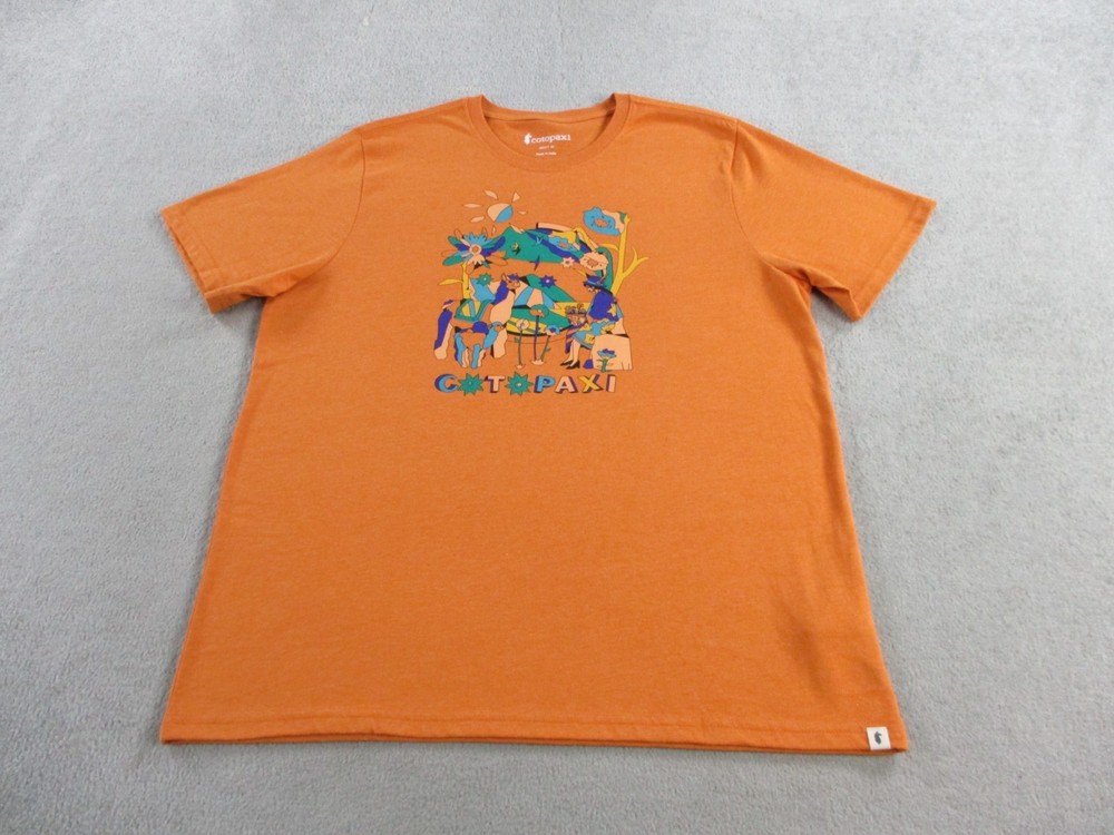 Cotopaxi Shirt Mens Medium Orange Graphic Organic Print Blend Soft Crewneck Tee