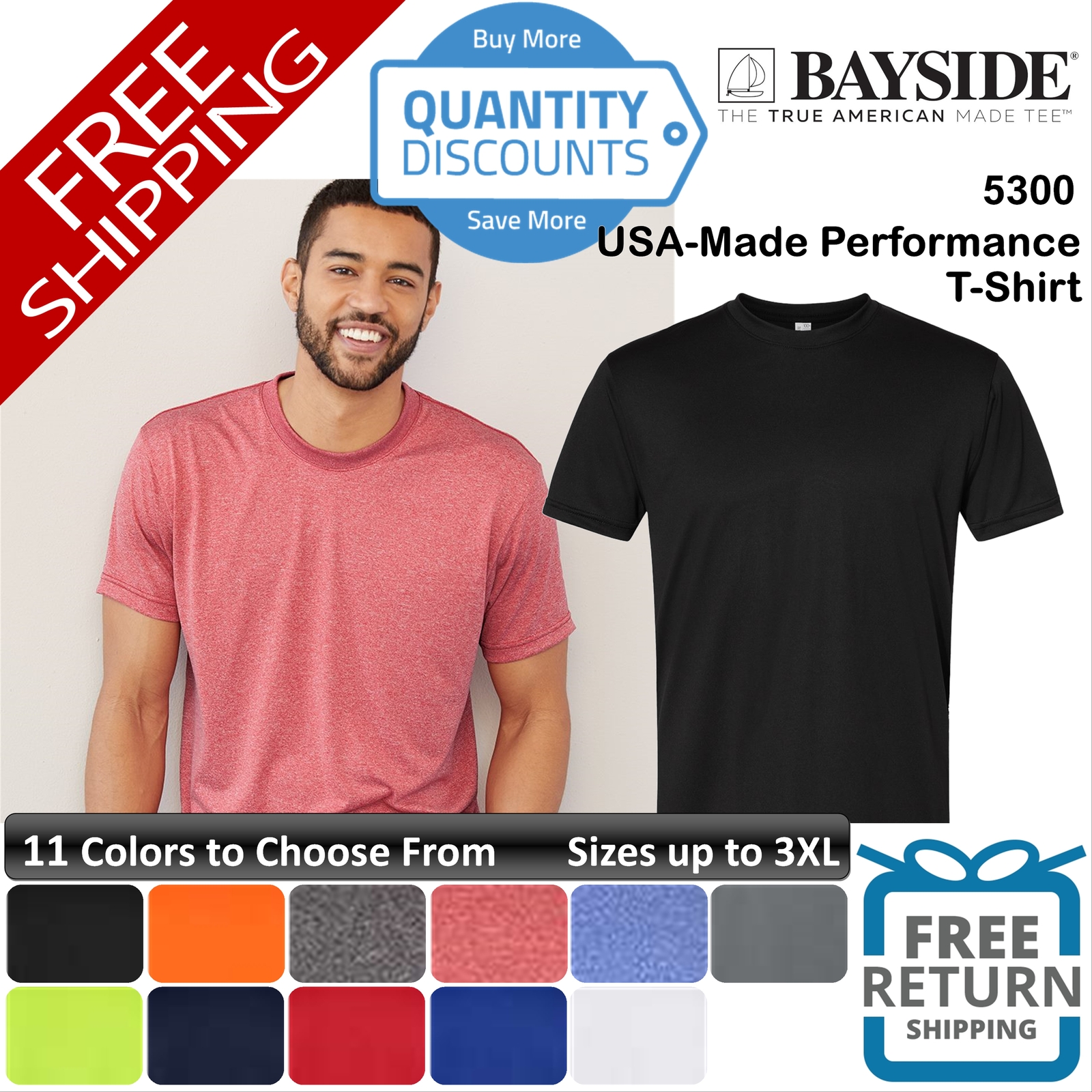 Bayside Men Usa-made Performance Short Sleeve Poly Sport T-shirt Up To 3XL 5300 gallery