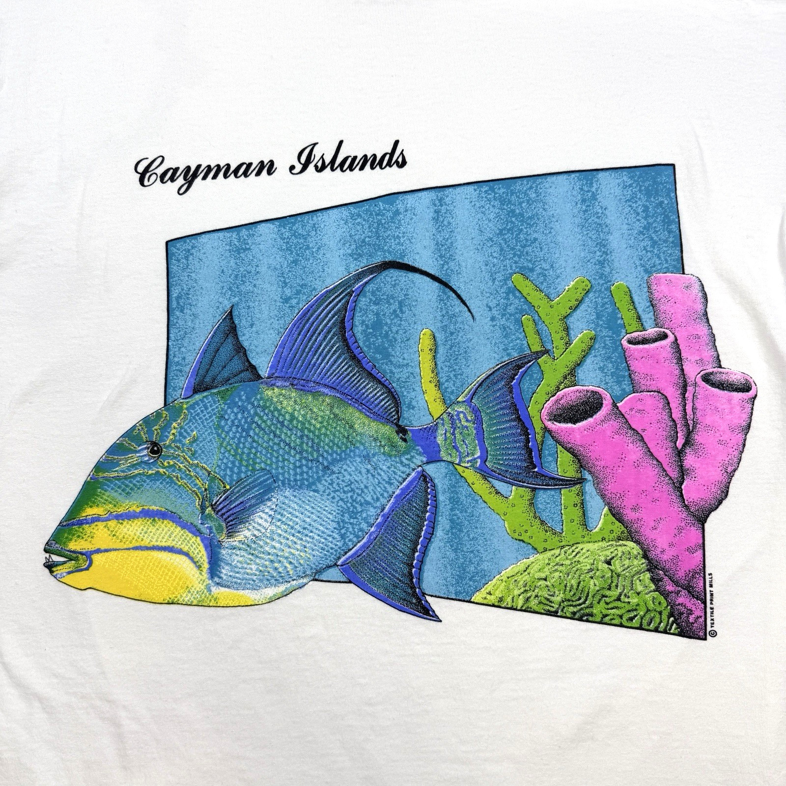 Vtg Mens Cayman Islands Graphic T Shirt Fish Tropical Textile Prints XL Made USA gallery