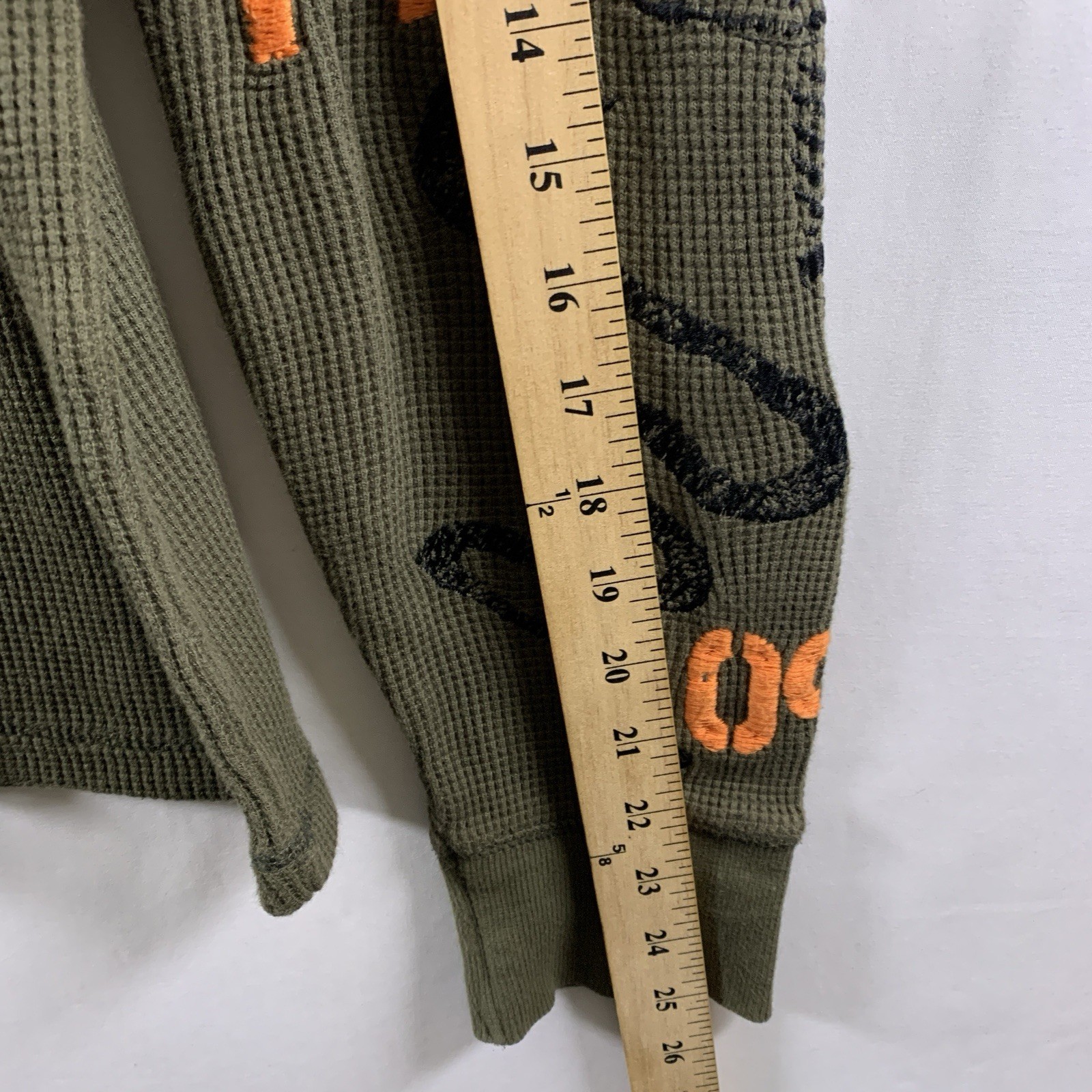 Mens Y2K Graphic Embroidered Thermal Shirt Sz S Olive Biker Grunge Rock gallery