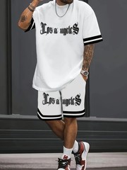 3D Letter Print Men’s Summer Casual Two Piece Set Lightweight Streetwear Suit