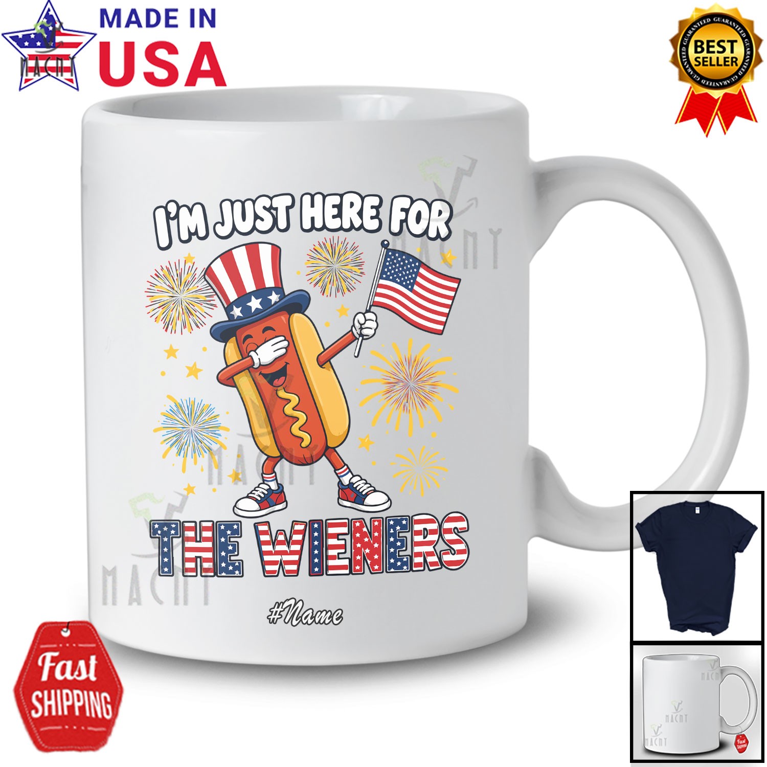 Custom Name Here For Wieners; 4th Of July Dabbing Hotdog Patriotic T-Shirt gallery