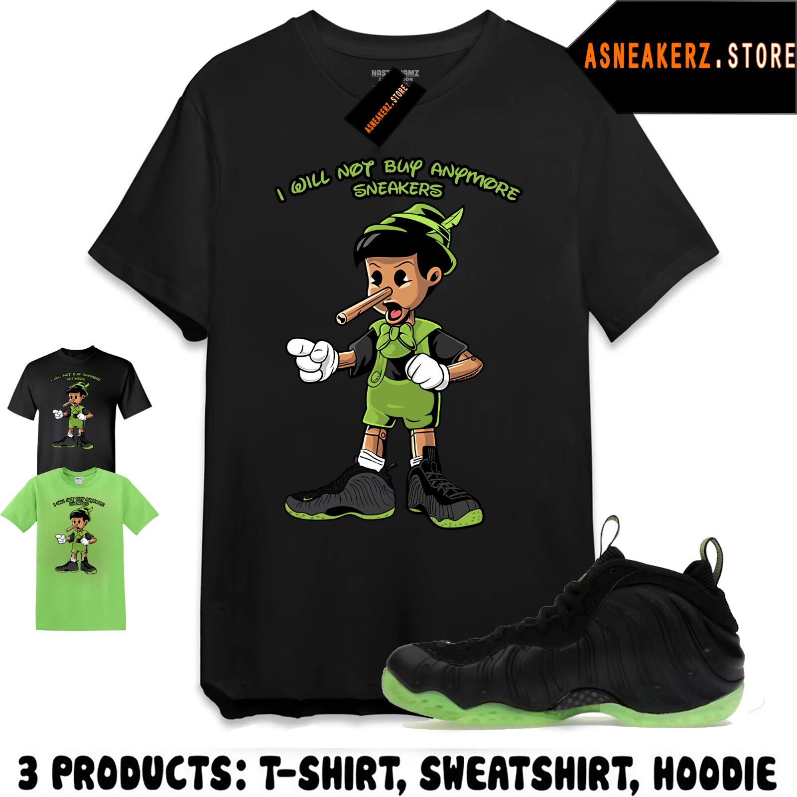 Tee Shirt Matching Foamposite One Black Volt Match Sneakerhead Pinocchio T-Shirt