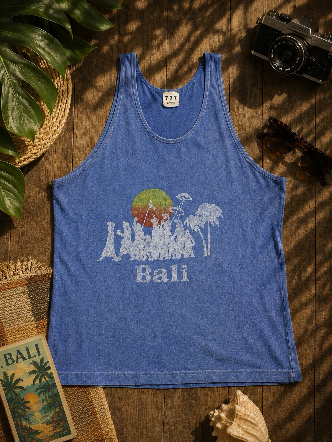 Vintage 1970s Blue Bali Tank Top 777 Aseli Tag Rare Double-Sided Travel Souvenir gallery