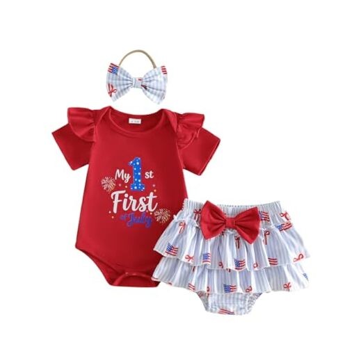 Baby Girl Outfit 4th of July Crew Neck Ruffle Short Sleeve 0-3 Months Red gallery