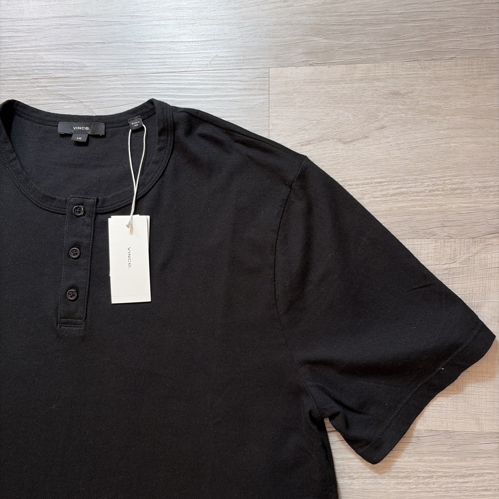 NWT VINCE SHORT SLEEVE HENLEY T SHIRT MENS SZ LARGE $125 USA BLACK 100% COTTON gallery