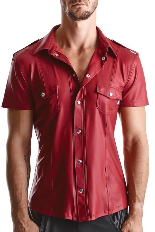 Mens Red Wetlook Shirt with Studs