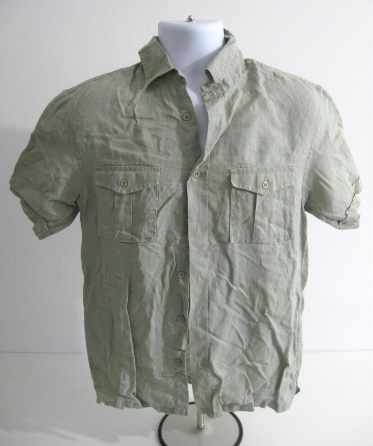 GEORGE MENS PURE 100% LINEN KHAKI GREEN CAMPING SHIRT SMALL S
