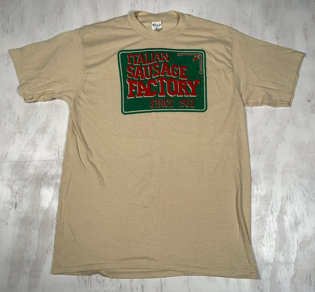 Vintage Italian Sausage Factory Men's Cream XL Tee Single Stitch Made in USA gallery