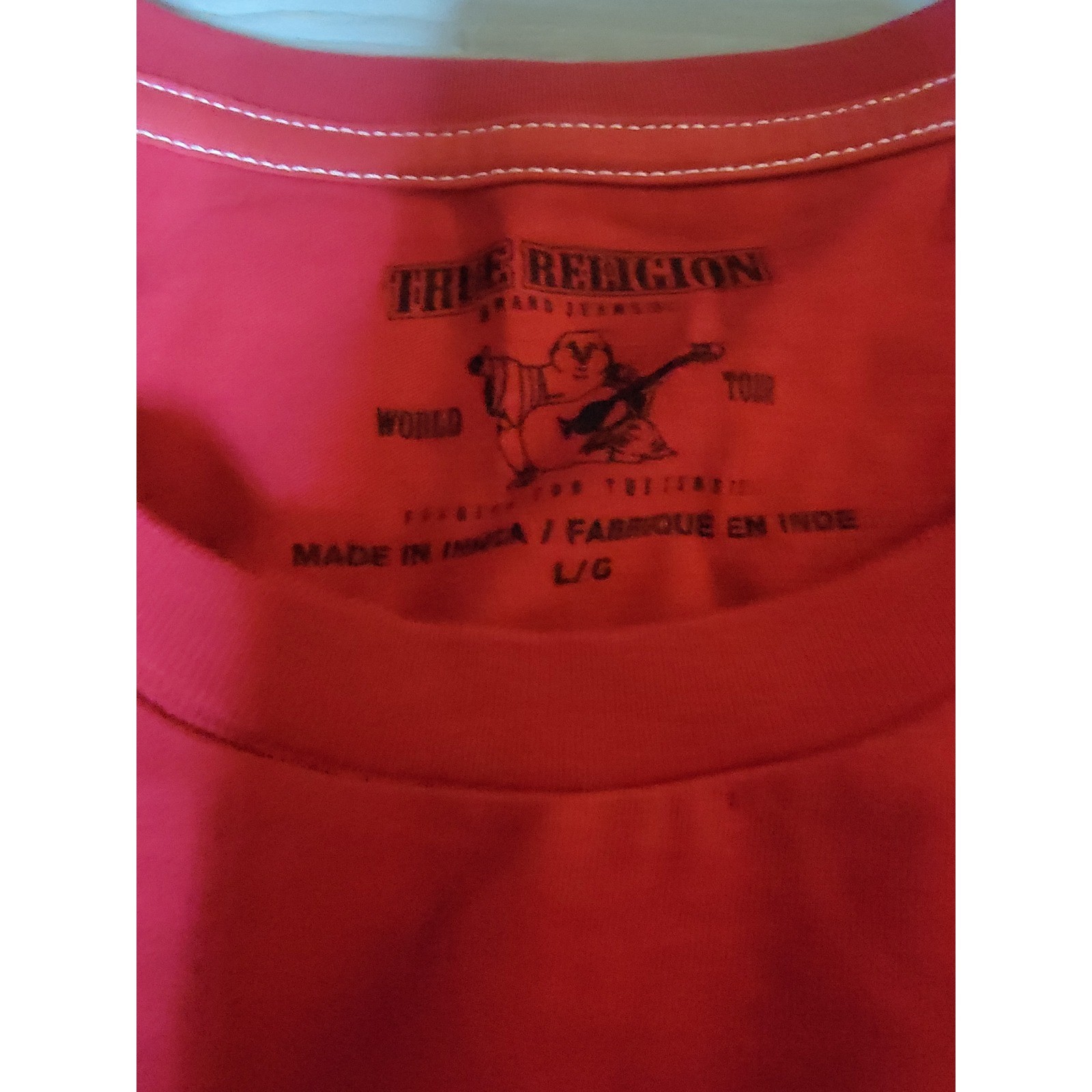 True Religion Mens Long Sleeve T-Shirt Red White Colorblock Logo Graphic Large gallery
