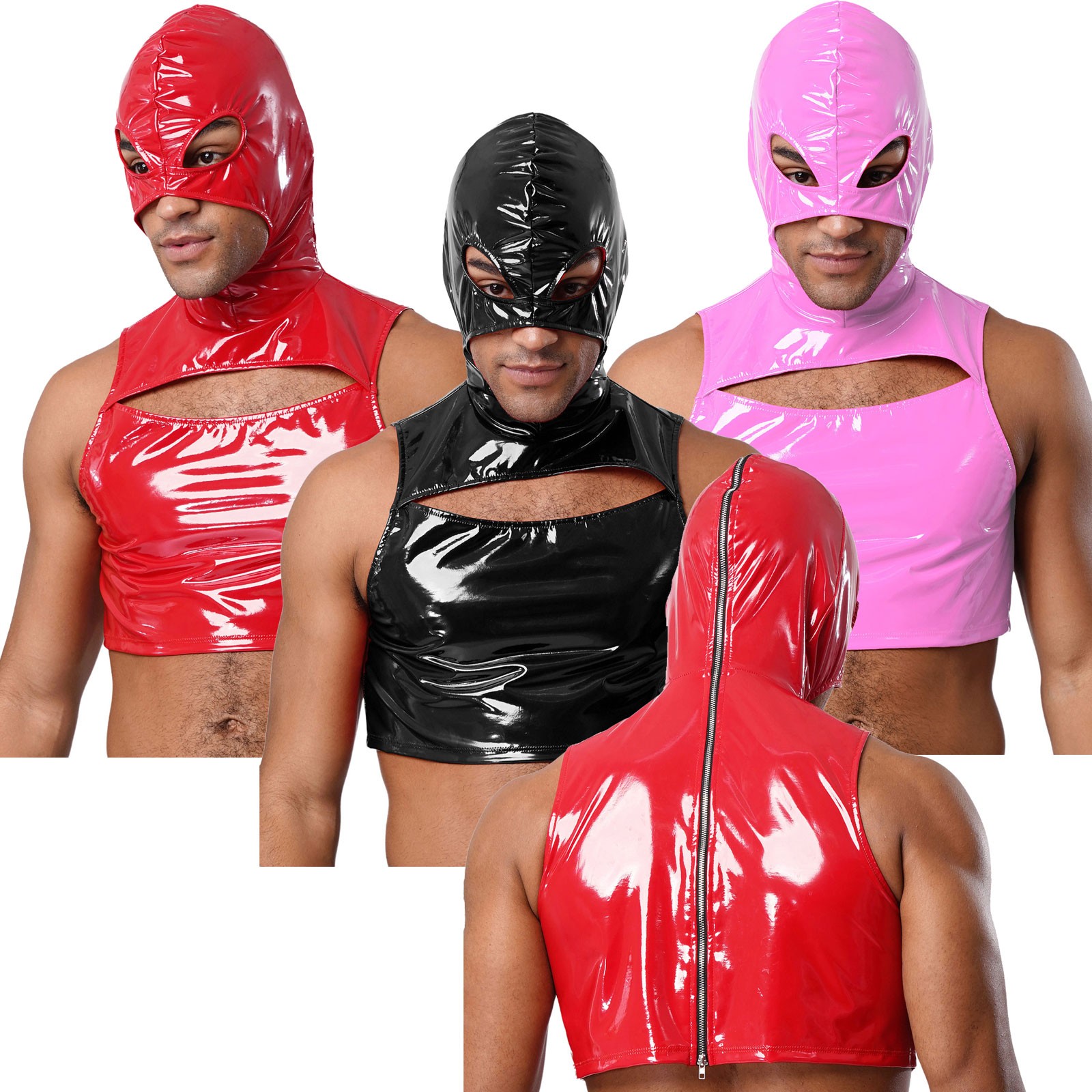 Mens Sexy Tops Patent Leather Mask Hooded Crop Top Wet Look Hooded Undershirts gallery