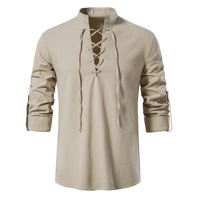 Men's Casual Long Sleeve Henry Shirt Lace-Up Stand-Up Collar Cotton Linen Blouse gallery
