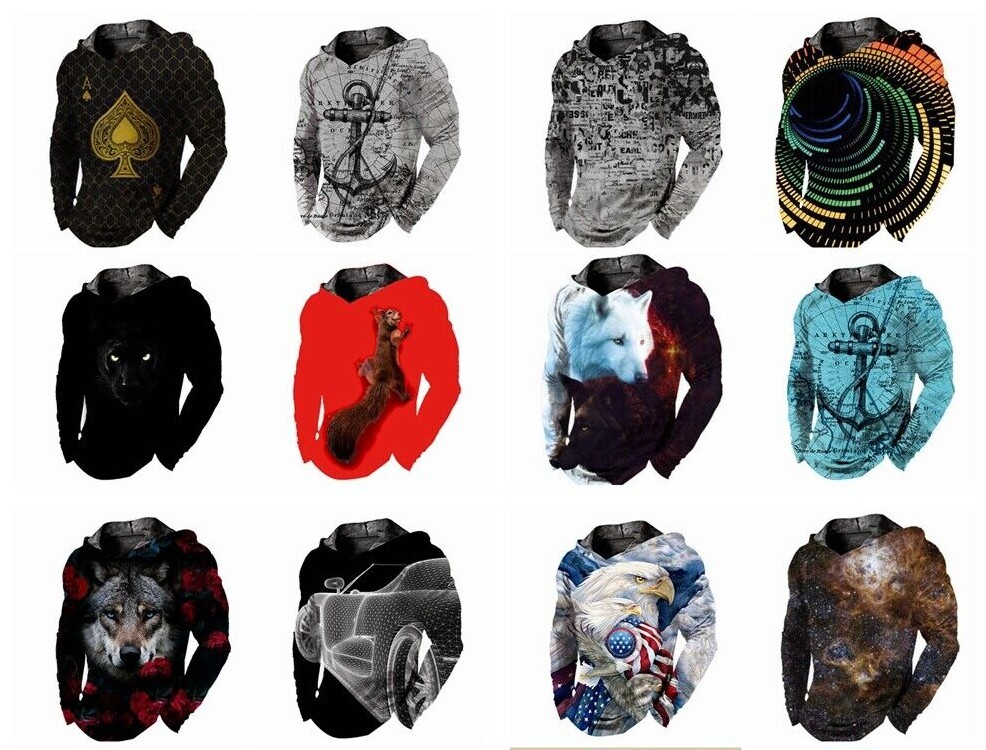 Men Hoodie Pullover Hooded T Shirt Novelty 3D Graphic Silky Soft Tee LightWeight