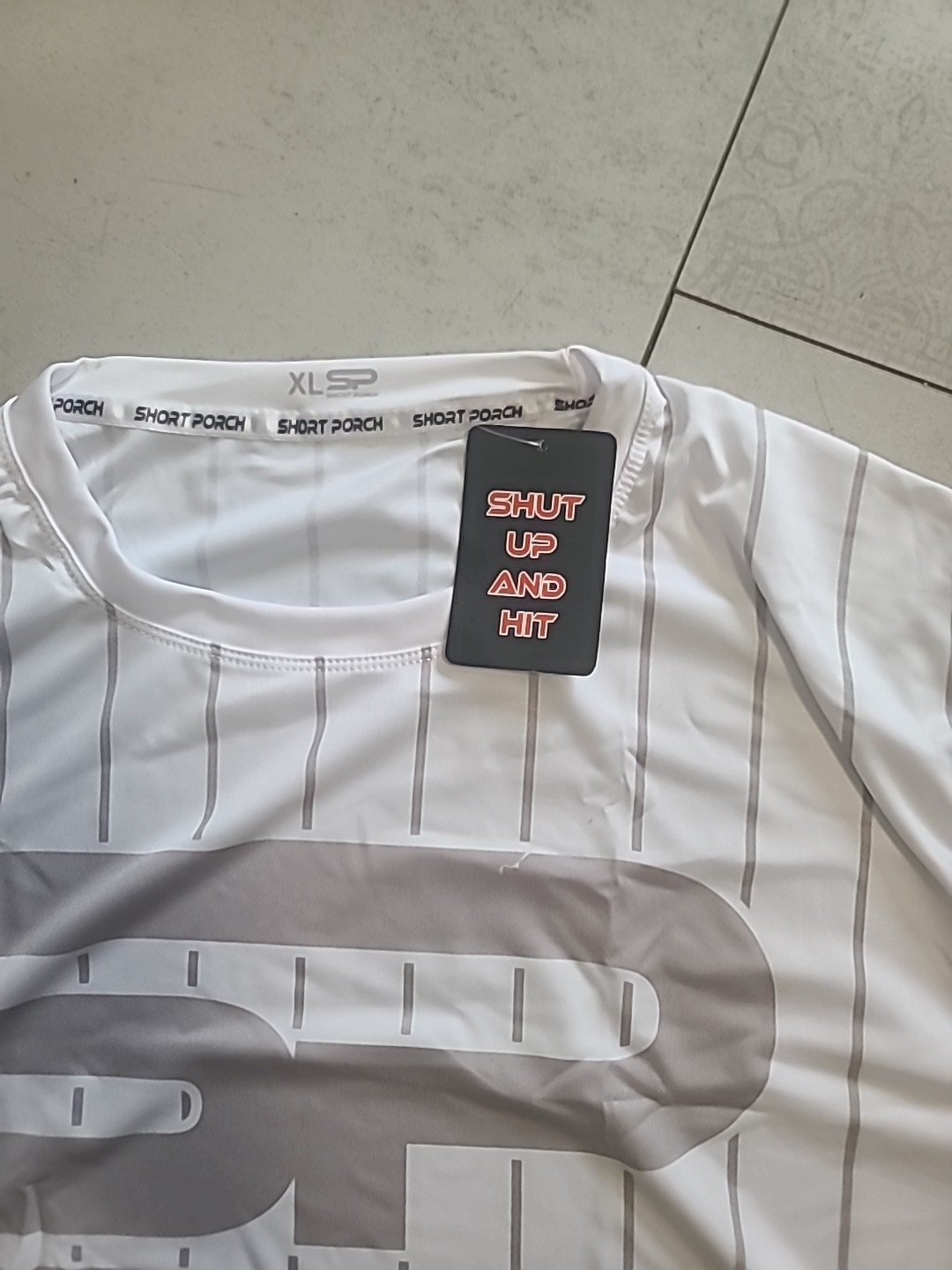 Short Porch (Shut Up And Hit) Short Sleeve Shirt, white with grey stripes gallery