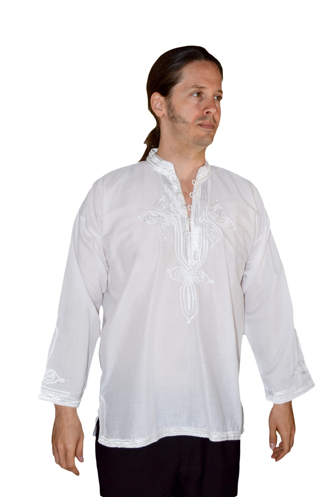 Moroccan Men Tunic Shirt Cafan Casual Handmade Embroidered Cotton X- Large White gallery