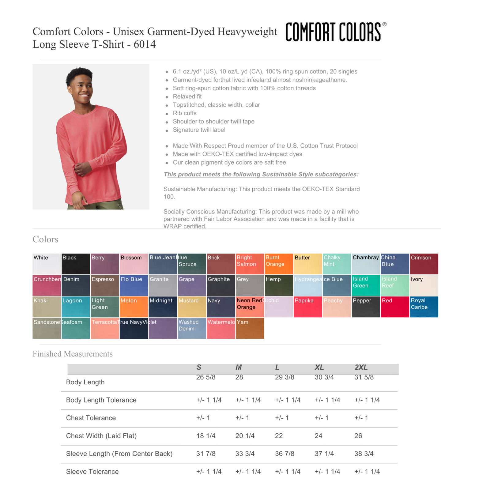 100% Cotton Comfort Colors Long Sleeve Pocket T-shirt Style 4410 Small-2X Large gallery